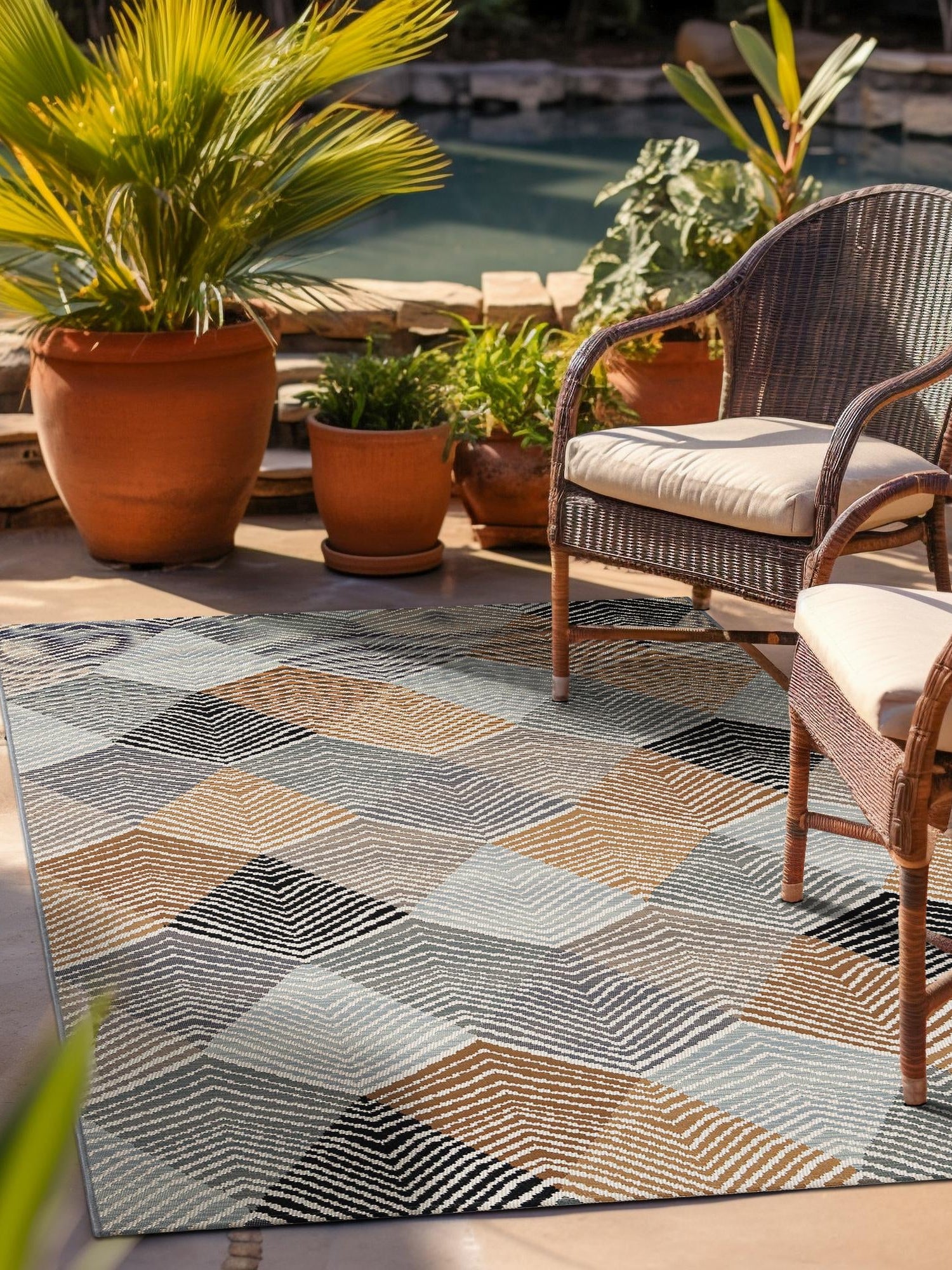 Gray 5' 1 x 7' 1 Outdoor Modern Rectangle Area Rug Weather Resistant for Patio, Deck, Terrace, Balcony, Porch 100% Polypropylene Modern Outside Carpet for Sale at Rug Engine