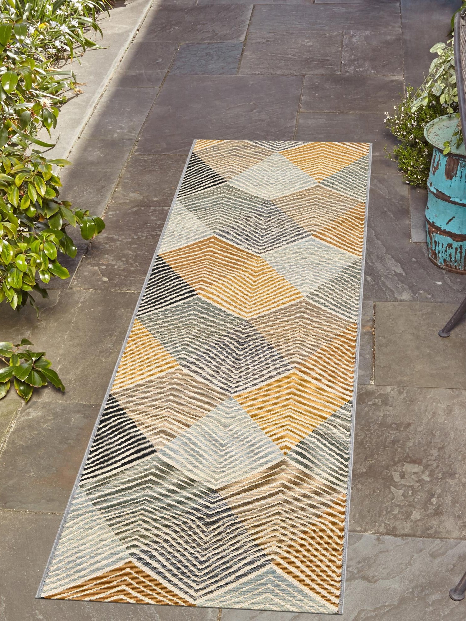 Gray 2' x 6' 1 Outdoor Modern Runner Area Rug Weather Resistant for Patio, Deck, Terrace, Balcony, Porch 100% Polypropylene Modern Outside Carpet for Sale at Rug Engine