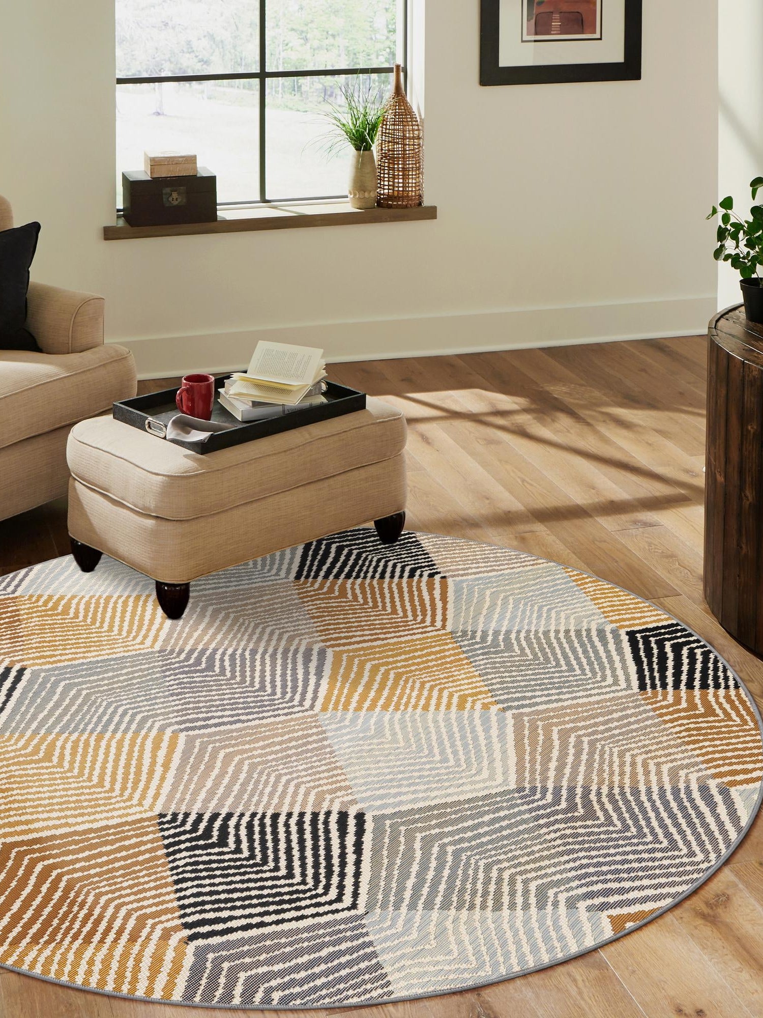 Gray 5' 1 x 5' 1 Outdoor Modern Round Area Rug Weather Resistant for Patio, Deck, Terrace, Balcony, Porch 100% Polypropylene Modern Outside Carpet for Sale at Rug Engine