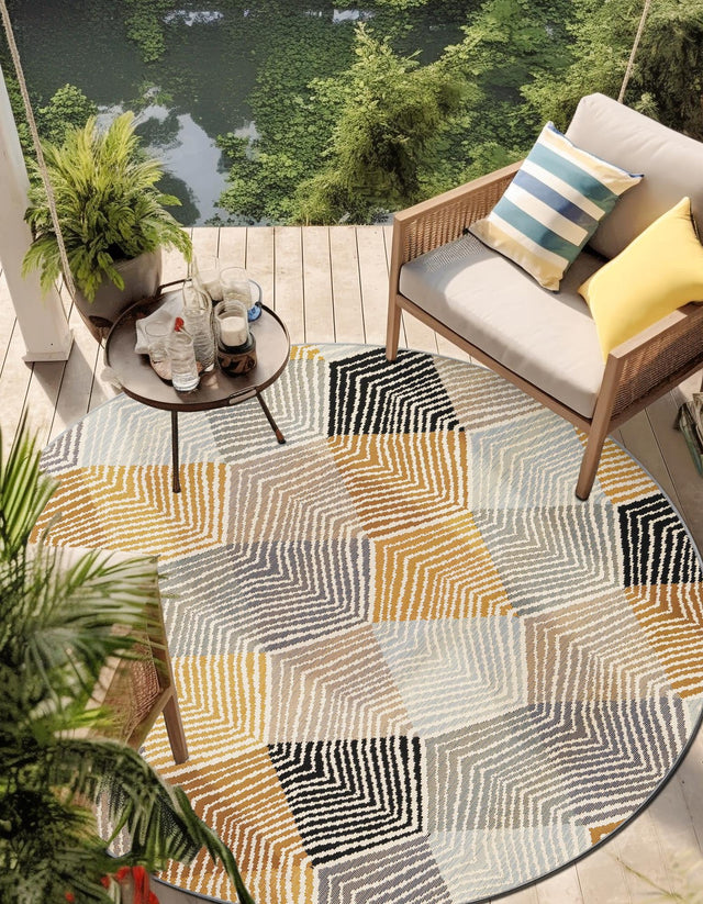 Gray 3' 1 x 3' 1 Outdoor Modern Round Area Rug Weather Resistant for Patio, Deck, Terrace, Balcony, Porch 100% Polypropylene Modern Outside Carpet for Sale at Rug Engine