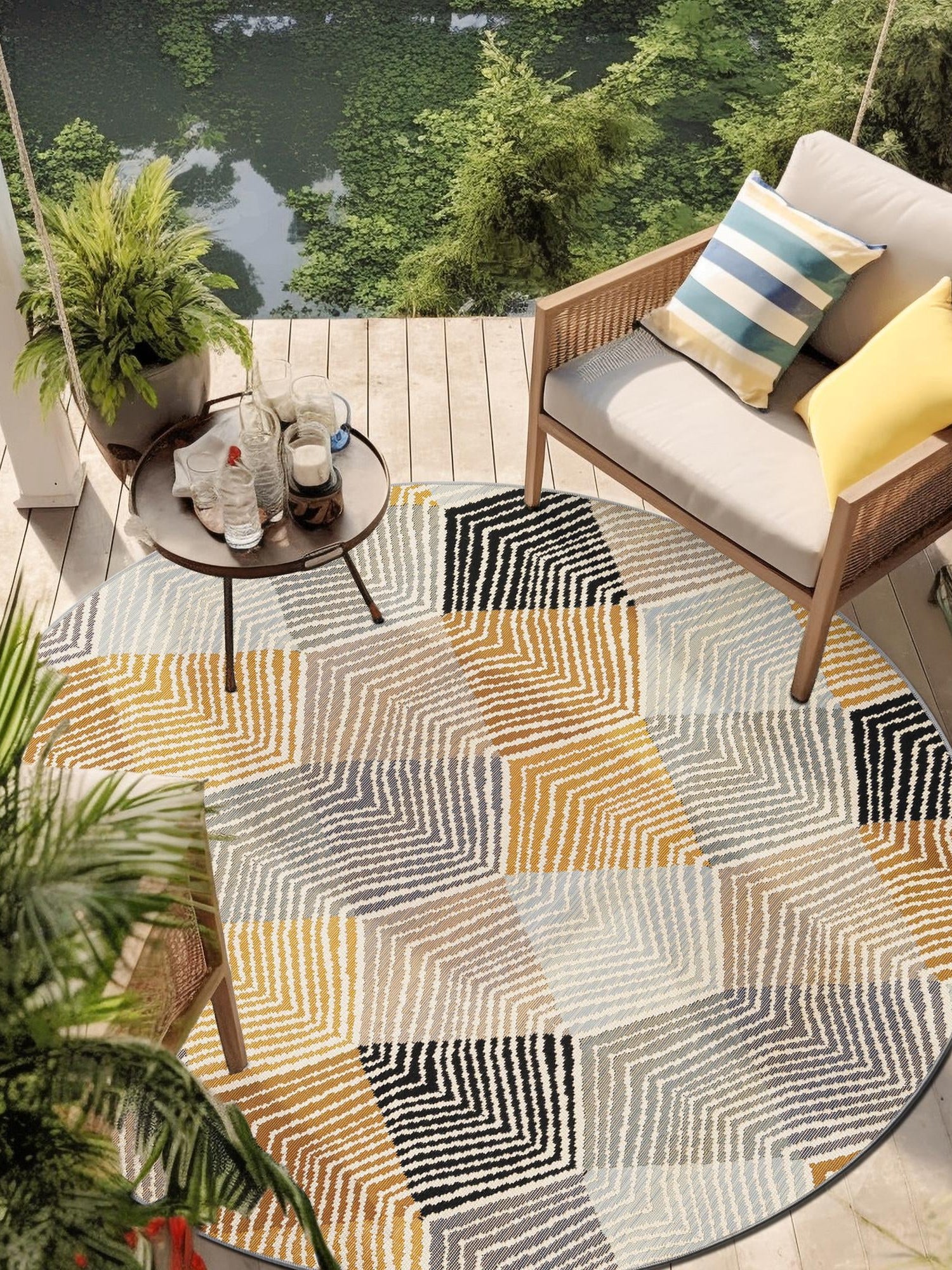 Gray 5' 1 x 5' 1 Outdoor Modern Round Area Rug Weather Resistant for Patio, Deck, Terrace, Balcony, Porch 100% Polypropylene Modern Outside Carpet for Sale at Rug Engine