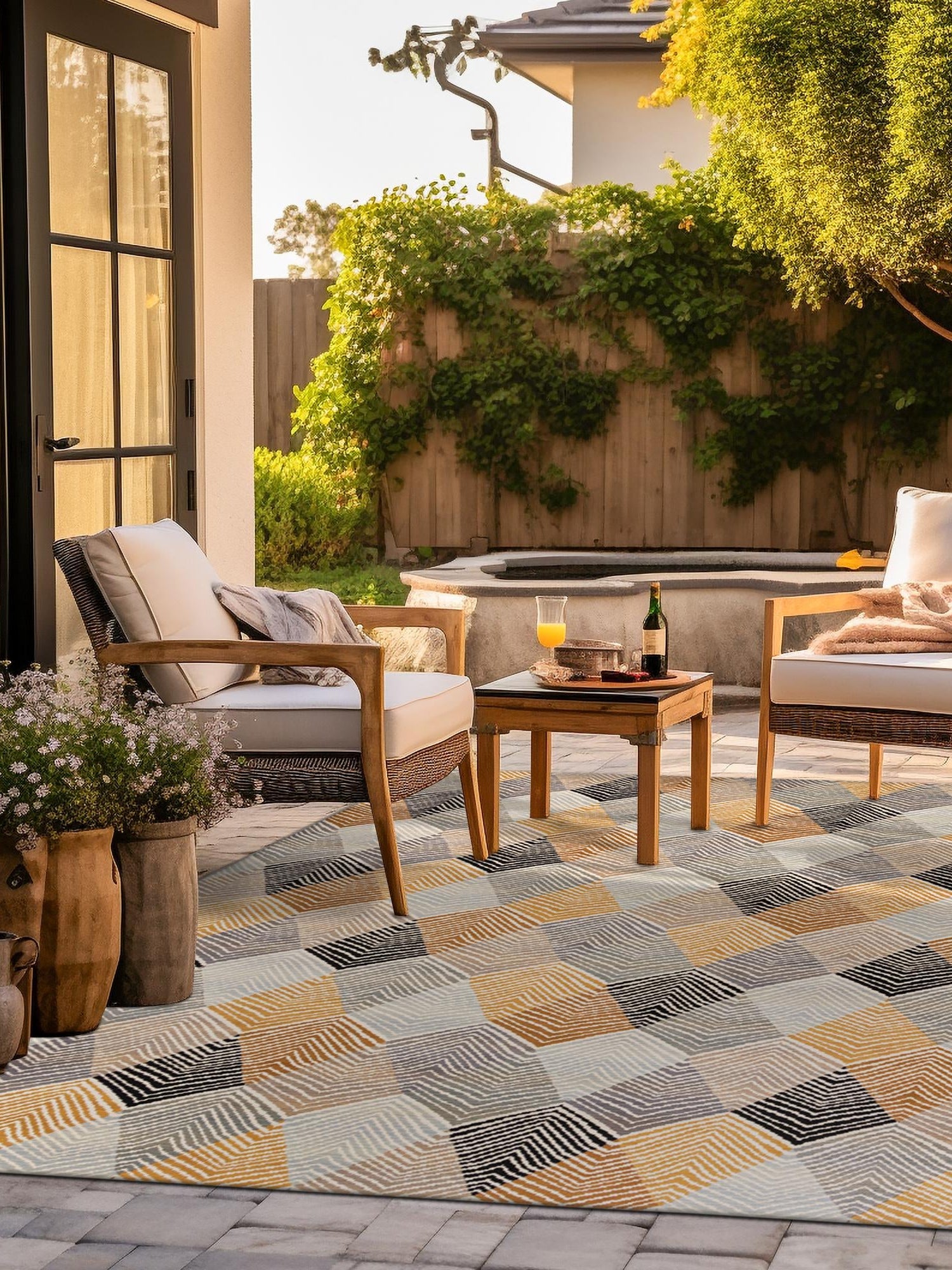 Gray 7' 10 x 7' 10 Outdoor Modern Square Area Rug Weather Resistant for Patio, Deck, Terrace, Balcony, Porch 100% Polypropylene Modern Outside Carpet for Sale at Rug Engine