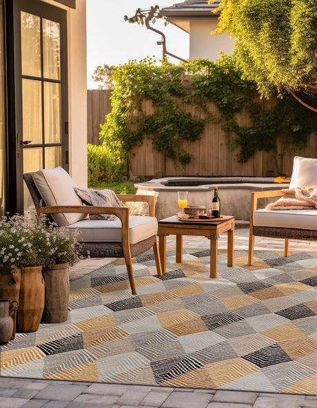 Gray 7' 10 x 7' 10 Outdoor Modern Square Area Rug Weather Resistant for Patio, Deck, Terrace, Balcony, Porch 100% Polypropylene Modern Outside Carpet for Sale at Rug Engine