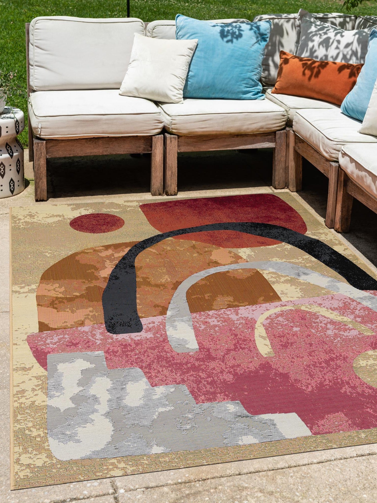 Multicolor 5' 1 x 7' 1 Outdoor Modern Rectangle Area Rug Weather Resistant for Patio, Deck, Terrace, Balcony, Porch 100% Polypropylene Modern Outside Carpet for Sale at Rug Engine