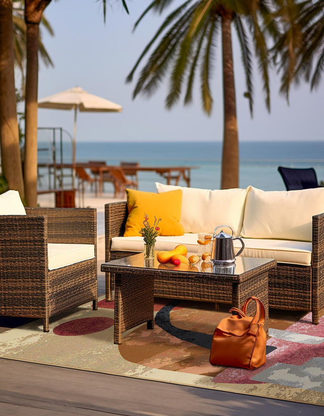 Multicolor 7' 10 x 10' Outdoor Modern Rectangle Area Rug Weather Resistant for Patio, Deck, Terrace, Balcony, Porch 100% Polypropylene Modern Outside Carpet for Sale at Rug Engine