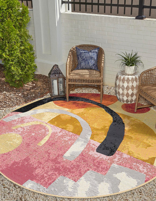 Multicolor 5' 1 x 5' 1 Outdoor Modern Round Area Rug Weather Resistant for Patio, Deck, Terrace, Balcony, Porch 100% Polypropylene Modern Outside Carpet for Sale at Rug Engine