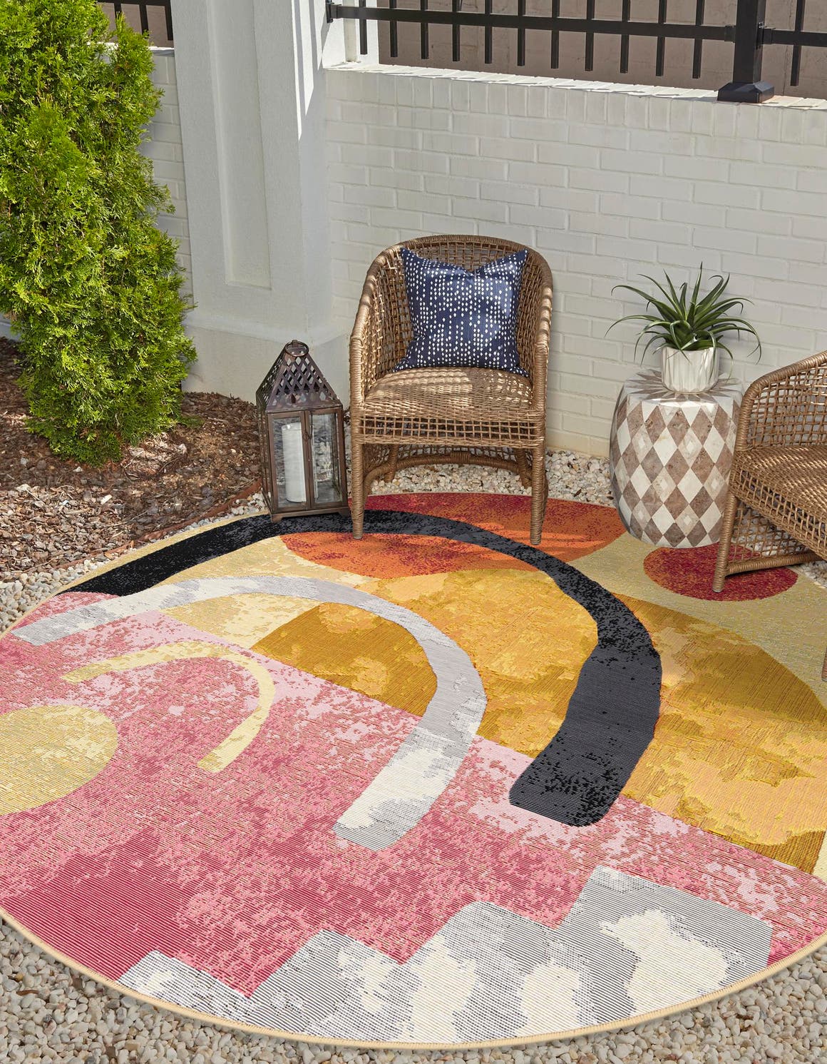 Multicolor 4' 1 x 4' 1 Outdoor Modern Round Area Rug Weather Resistant for Patio, Deck, Terrace, Balcony, Porch 100% Polypropylene Modern Outside Carpet for Sale at Rug Engine