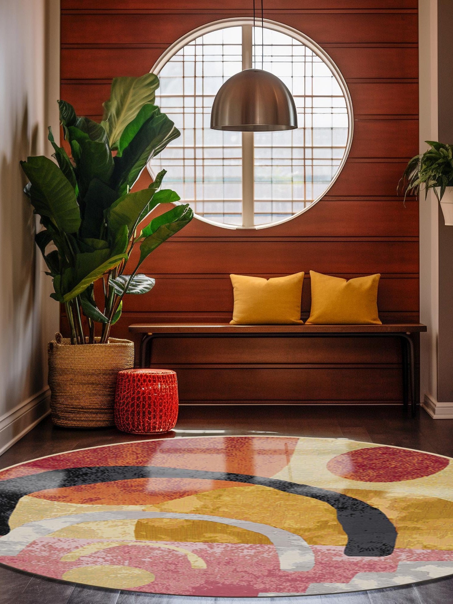 Multicolor 5' 1 x 5' 1 Outdoor Modern Round Area Rug Weather Resistant for Patio, Deck, Terrace, Balcony, Porch 100% Polypropylene Modern Outside Carpet for Sale at Rug Engine