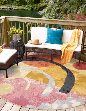 Multicolor 7' 10 x 7' 10 Outdoor Modern Round Area Rug Weather Resistant for Patio, Deck, Terrace, Balcony, Porch 100% Polypropylene Modern Outside Carpet for Sale at Rug Engine