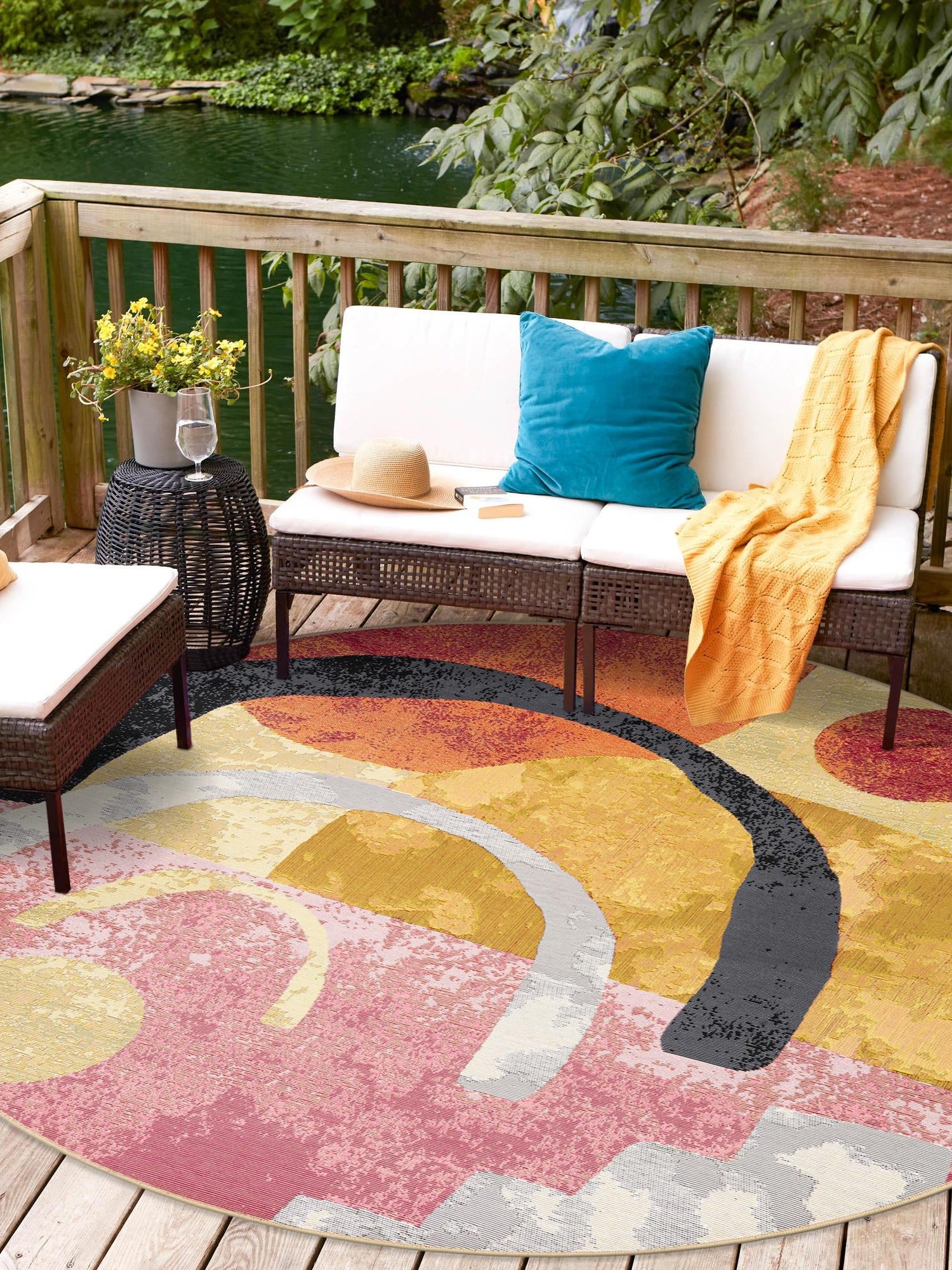Multicolor 4' 1 x 4' 1 Outdoor Modern Round Area Rug Weather Resistant for Patio, Deck, Terrace, Balcony, Porch 100% Polypropylene Modern Outside Carpet for Sale at Rug Engine