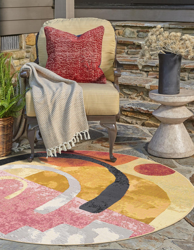 Multicolor 3' 1 x 3' 1 Outdoor Modern Round Area Rug Weather Resistant for Patio, Deck, Terrace, Balcony, Porch 100% Polypropylene Modern Outside Carpet for Sale at Rug Engine
