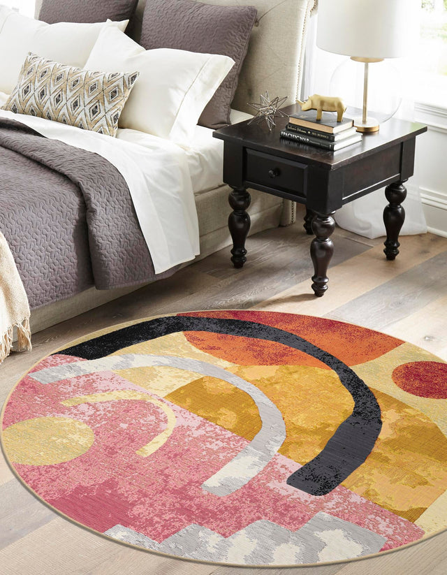 Multicolor 7' 10 x 7' 10 Outdoor Modern Round Area Rug Weather Resistant for Patio, Deck, Terrace, Balcony, Porch 100% Polypropylene Modern Outside Carpet for Sale at Rug Engine