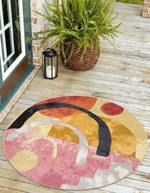 Multicolor 7' 10 x 7' 10 Outdoor Modern Round Area Rug Weather Resistant for Patio, Deck, Terrace, Balcony, Porch 100% Polypropylene Modern Outside Carpet for Sale at Rug Engine