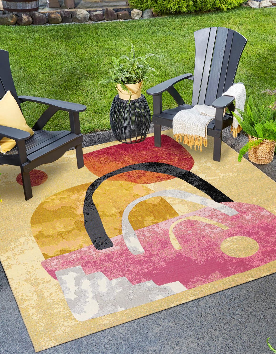 Multicolor 7' 10 x 7' 10 Outdoor Modern Square Area Rug Weather Resistant for Patio, Deck, Terrace, Balcony, Porch 100% Polypropylene Modern Outside Carpet for Sale at Rug Engine