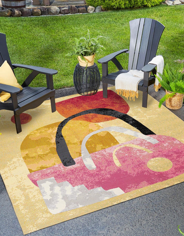 Multicolor 7' 10 x 7' 10 Outdoor Modern Square Area Rug Weather Resistant for Patio, Deck, Terrace, Balcony, Porch 100% Polypropylene Modern Outside Carpet for Sale at Rug Engine
