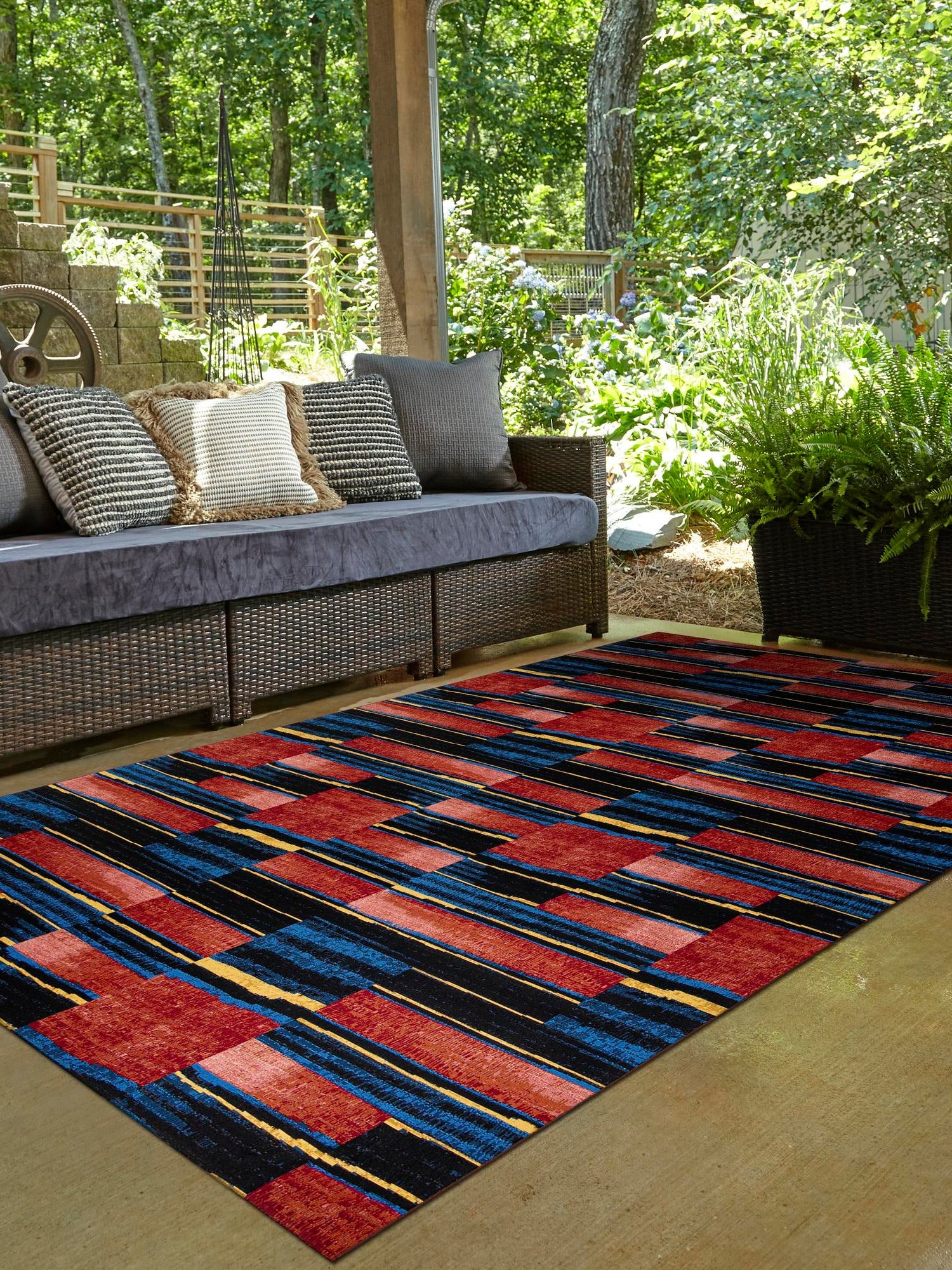 Multicolor 9' x 12' Outdoor Modern Rectangle Area Rug Weather Resistant for Patio, Deck, Terrace, Balcony, Porch 100% Polypropylene Modern Outside Carpet for Sale at Rug Engine