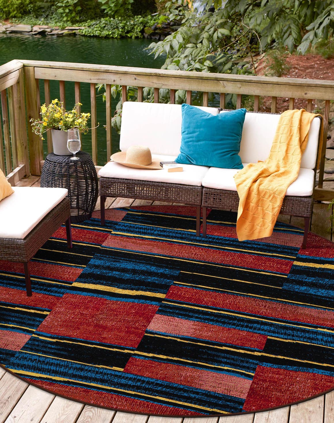Multicolor 7' 10 x 7' 10 Outdoor Modern Round Area Rug Weather Resistant for Patio, Deck, Terrace, Balcony, Porch 100% Polypropylene Modern Outside Carpet for Sale at Rug Engine