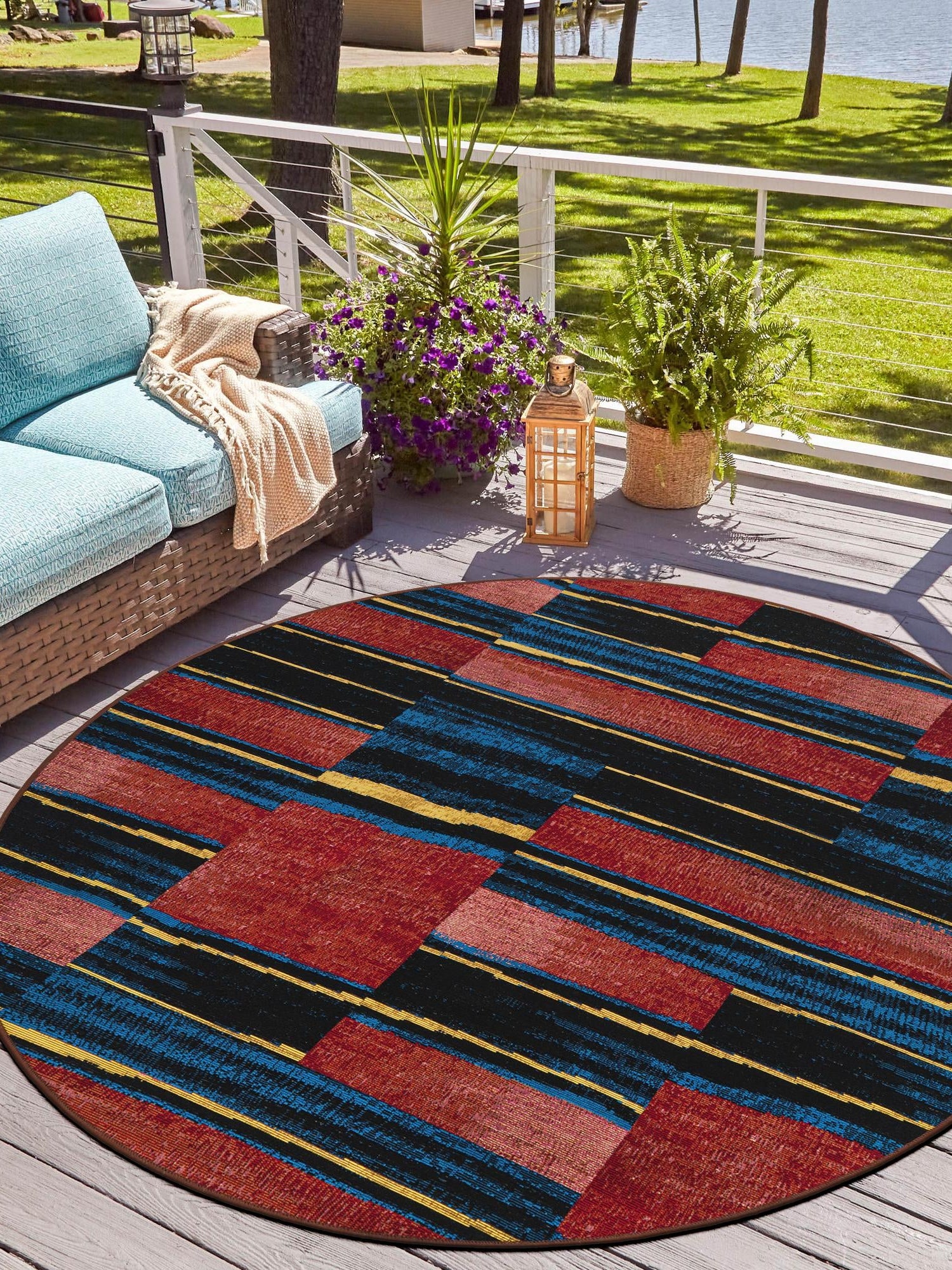 Multicolor 5' 1 x 5' 1 Outdoor Modern Round Area Rug Weather Resistant for Patio, Deck, Terrace, Balcony, Porch 100% Polypropylene Modern Outside Carpet for Sale at Rug Engine