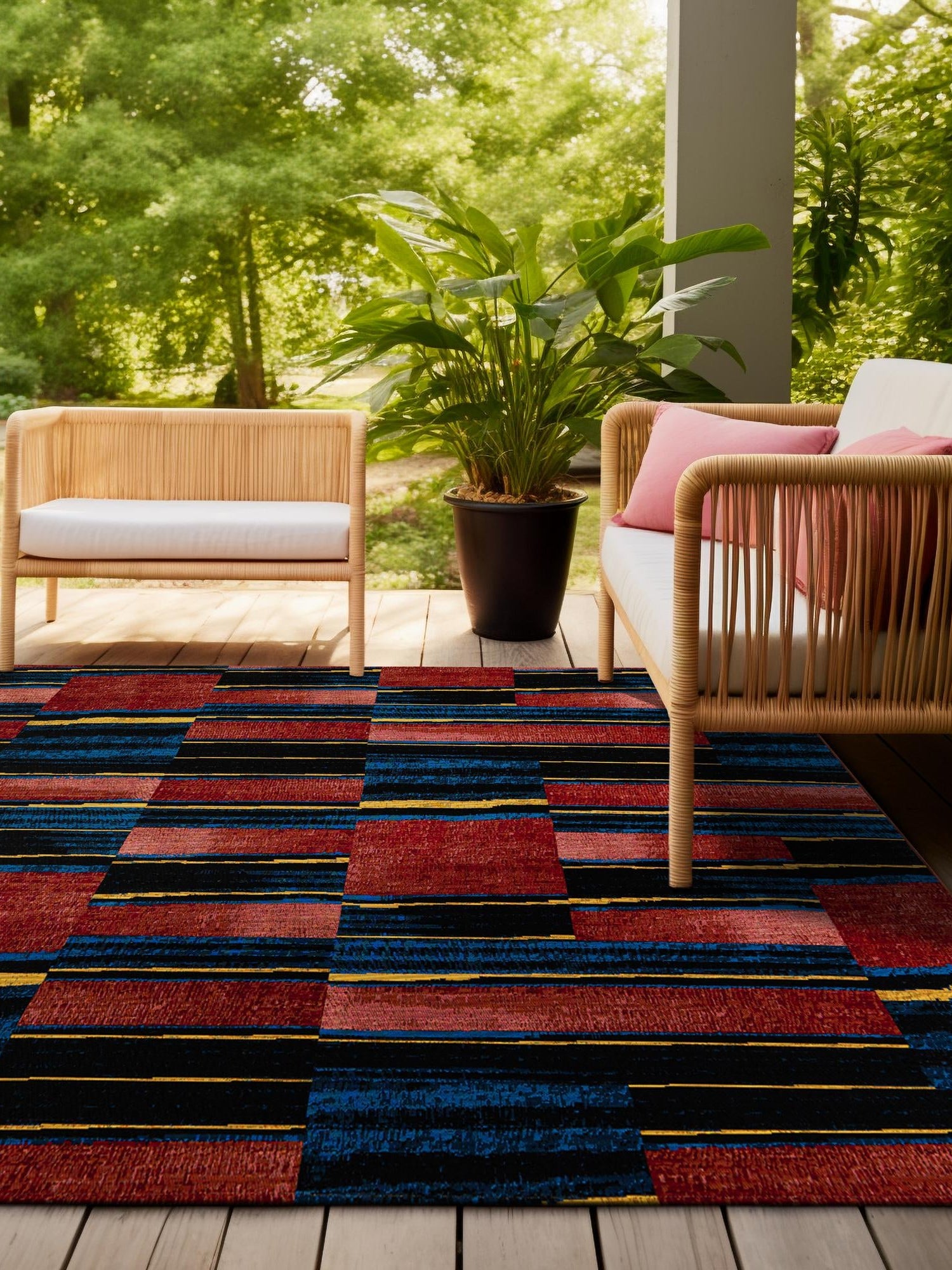 Multicolor 7' 10 x 7' 10 Outdoor Modern Square Area Rug Weather Resistant for Patio, Deck, Terrace, Balcony, Porch 100% Polypropylene Modern Outside Carpet for Sale at Rug Engine