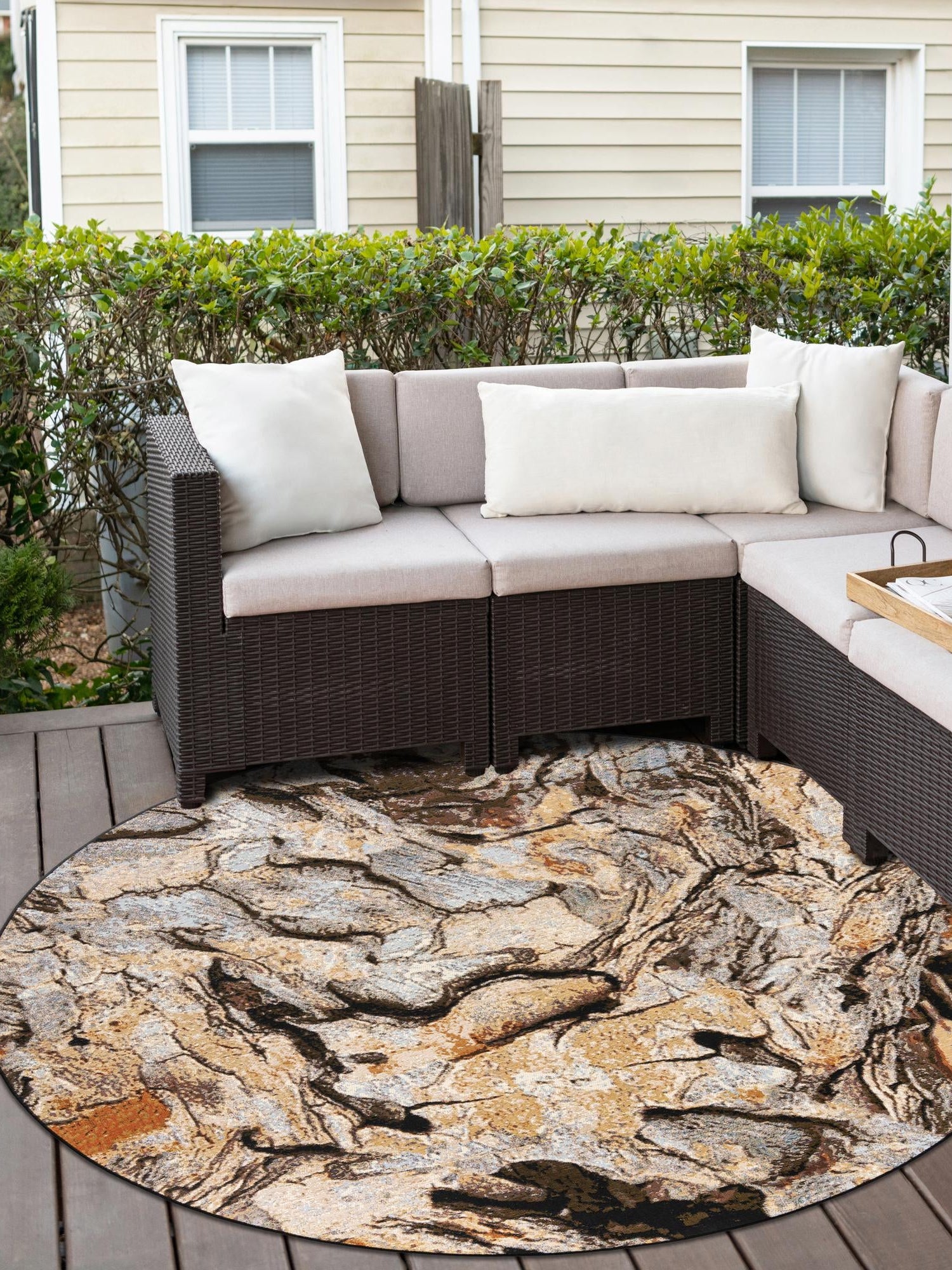 Multicolor 7' 10 x 7' 10 Outdoor Modern Round Area Rug Weather Resistant for Patio, Deck, Terrace, Balcony, Porch 100% Polypropylene Modern Outside Carpet for Sale at Rug Engine