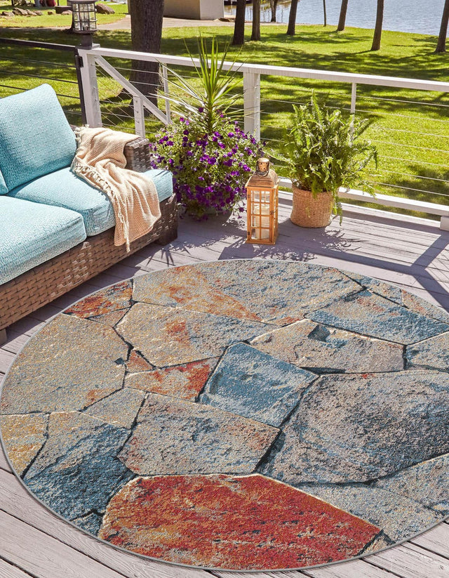 Multicolor 5' 1 x 5' 1 Outdoor Modern Round Area Rug Weather Resistant for Patio, Deck, Terrace, Balcony, Porch 100% Polypropylene Modern Outside Carpet for Sale at Rug Engine