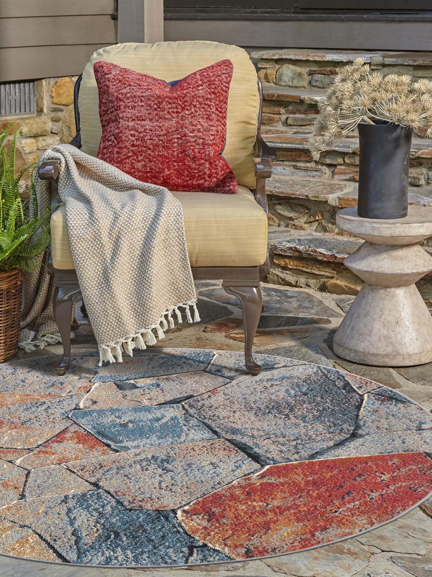 Multicolor 5' 1 x 5' 1 Outdoor Modern Round Area Rug Weather Resistant for Patio, Deck, Terrace, Balcony, Porch 100% Polypropylene Modern Outside Carpet for Sale at Rug Engine