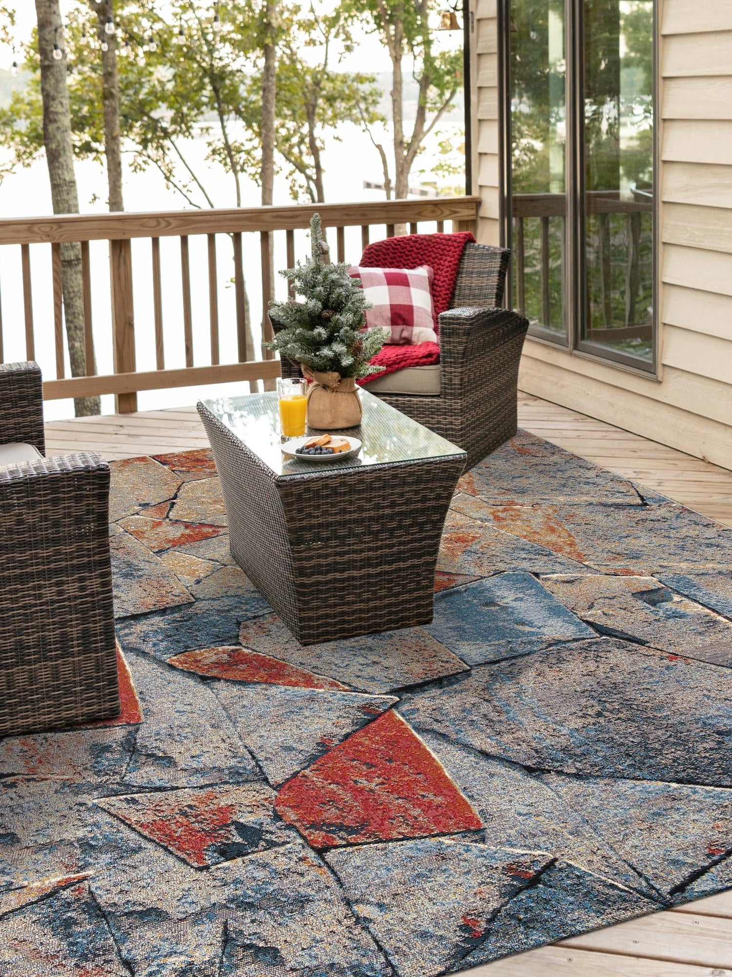 Multicolor 7' 10 x 7' 10 Outdoor Modern Square Area Rug Weather Resistant for Patio, Deck, Terrace, Balcony, Porch 100% Polypropylene Modern Outside Carpet for Sale at Rug Engine