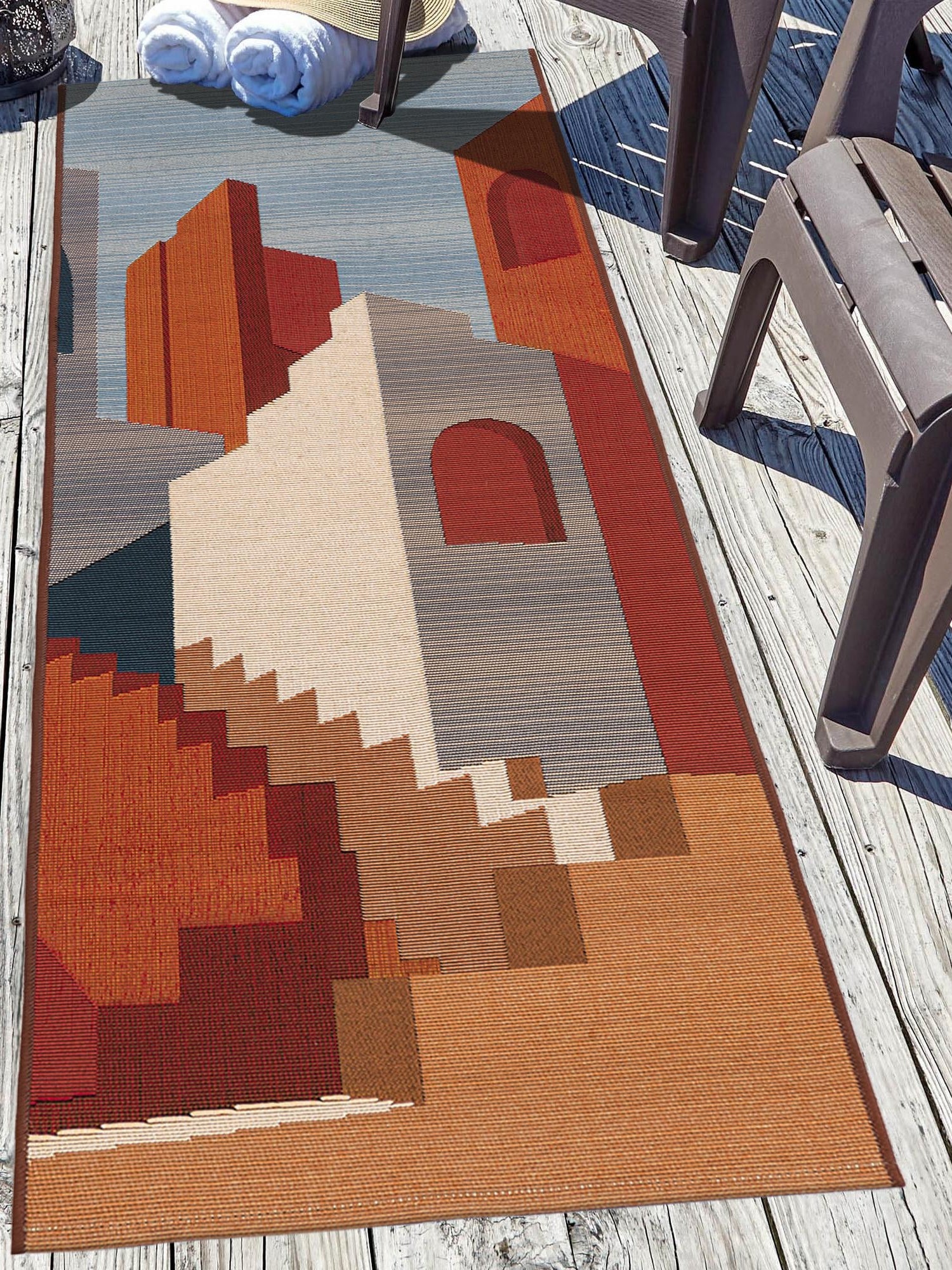 Multicolor 2' 7 x 12' Outdoor Modern Runner Area Rug Weather Resistant for Patio, Deck, Terrace, Balcony, Porch 100% Polypropylene Modern Outside Carpet for Sale at Rug Engine