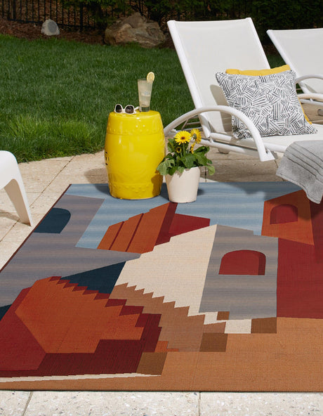 Multicolor 9' x 12' Outdoor Modern Rectangle Area Rug Weather Resistant for Patio, Deck, Terrace, Balcony, Porch 100% Polypropylene Modern Outside Carpet for Sale at Rug Engine