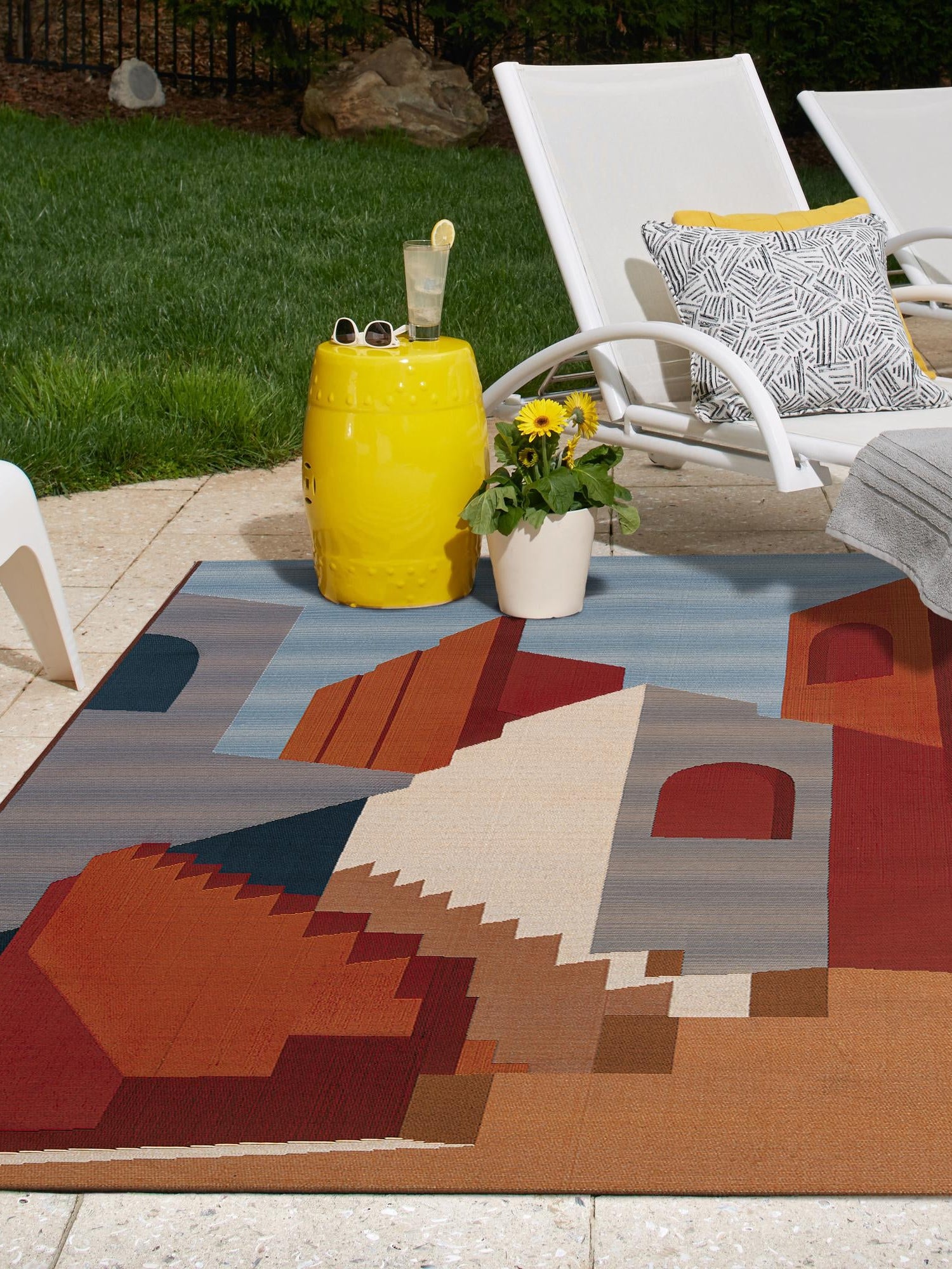 Multicolor 7' 10 x 10' Outdoor Modern Rectangle Area Rug Weather Resistant for Patio, Deck, Terrace, Balcony, Porch 100% Polypropylene Modern Outside Carpet for Sale at Rug Engine