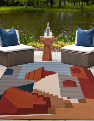 Multicolor 4' 1 x 6' 1 Outdoor Modern Rectangle Area Rug Weather Resistant for Patio, Deck, Terrace, Balcony, Porch 100% Polypropylene Modern Outside Carpet for Sale at Rug Engine
