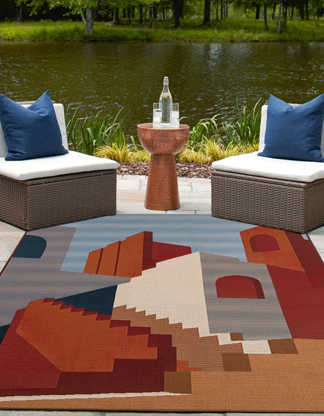 Multicolor 9' x 12' Outdoor Modern Rectangle Area Rug Weather Resistant for Patio, Deck, Terrace, Balcony, Porch 100% Polypropylene Modern Outside Carpet for Sale at Rug Engine