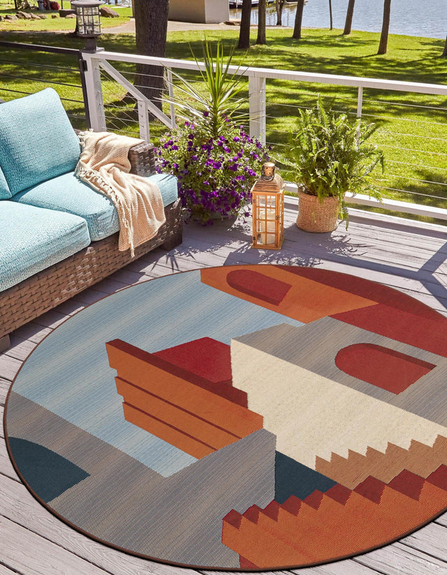 Multicolor 7' 10 x 7' 10 Outdoor Modern Round Area Rug Weather Resistant for Patio, Deck, Terrace, Balcony, Porch 100% Polypropylene Modern Outside Carpet for Sale at Rug Engine