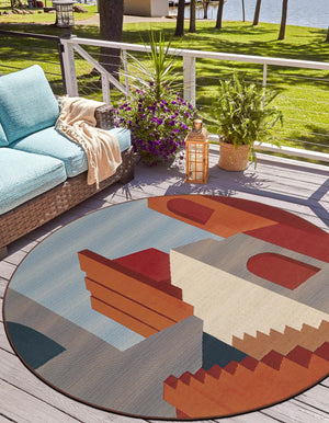 Multicolor 3' 1 x 3' 1 Outdoor Modern Round Area Rug Weather Resistant for Patio, Deck, Terrace, Balcony, Porch 100% Polypropylene Modern Outside Carpet for Sale at Rug Engine