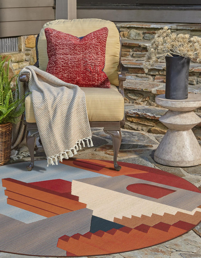 Multicolor 5' 1 x 5' 1 Outdoor Modern Round Area Rug Weather Resistant for Patio, Deck, Terrace, Balcony, Porch 100% Polypropylene Modern Outside Carpet for Sale at Rug Engine