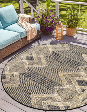 Charcoal 4' 1 x 4' 1 Outdoor Modern Round Area Rug Weather Resistant for Patio, Deck, Terrace, Balcony, Porch 100% Polypropylene Modern Outside Carpet for Sale at Rug Engine