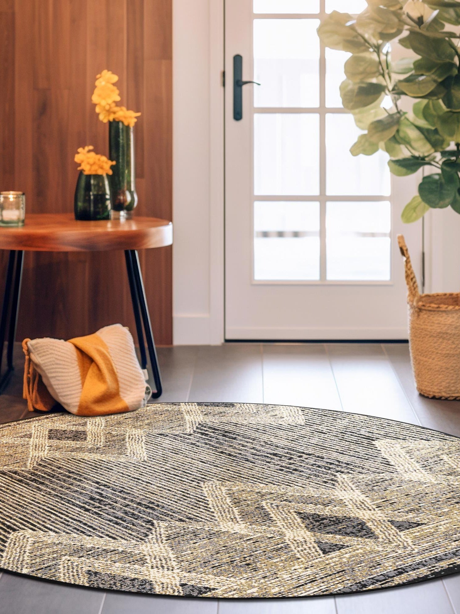 Charcoal 7' 10 x 7' 10 Outdoor Modern Round Area Rug Weather Resistant for Patio, Deck, Terrace, Balcony, Porch 100% Polypropylene Modern Outside Carpet for Sale at Rug Engine