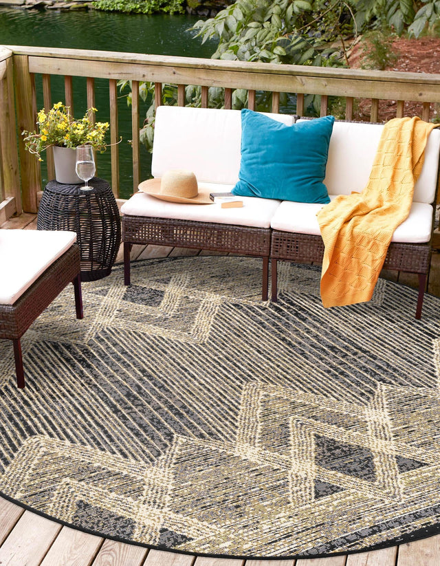 Charcoal 4' 1 x 4' 1 Outdoor Modern Round Area Rug Weather Resistant for Patio, Deck, Terrace, Balcony, Porch 100% Polypropylene Modern Outside Carpet for Sale at Rug Engine