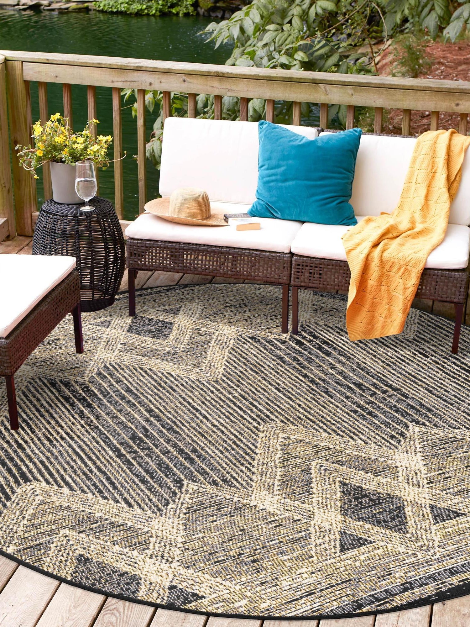 Charcoal 7' 10 x 7' 10 Outdoor Modern Round Area Rug Weather Resistant for Patio, Deck, Terrace, Balcony, Porch 100% Polypropylene Modern Outside Carpet for Sale at Rug Engine