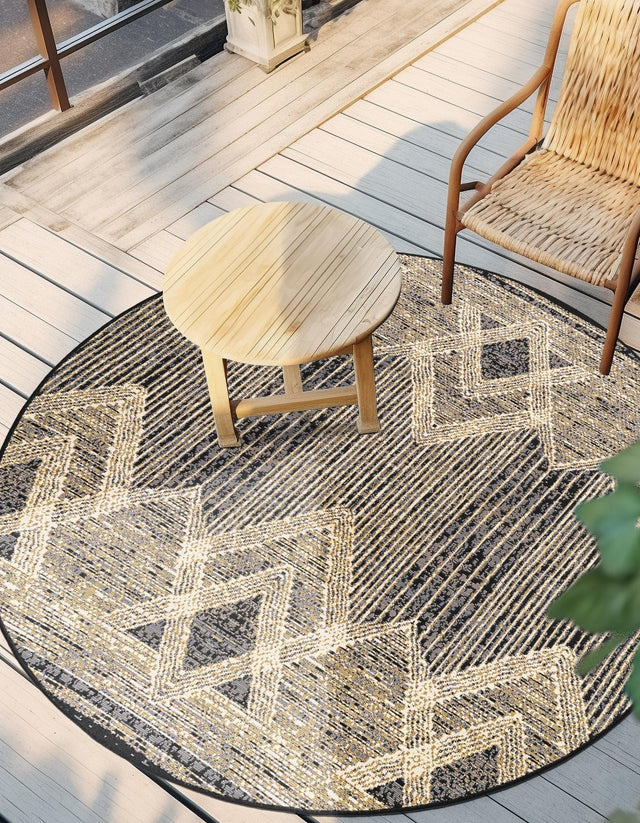Charcoal 4' 1 x 4' 1 Outdoor Modern Round Area Rug Weather Resistant for Patio, Deck, Terrace, Balcony, Porch 100% Polypropylene Modern Outside Carpet for Sale at Rug Engine