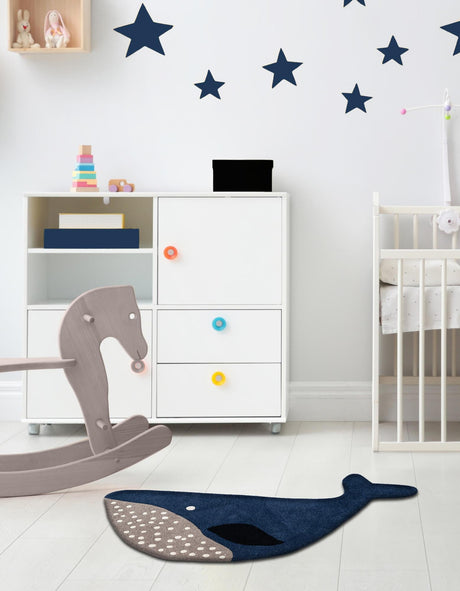 Navy Blue and Gray 3' 1 x 5' 1 Playtime Kids Wool Freeform Area Rug for Baby Nursery, Toddler Playroom,  Bedrooms Hand Tufted High Quality Dense  Wool Pile Natural Carpet for Sale at Rug Engine