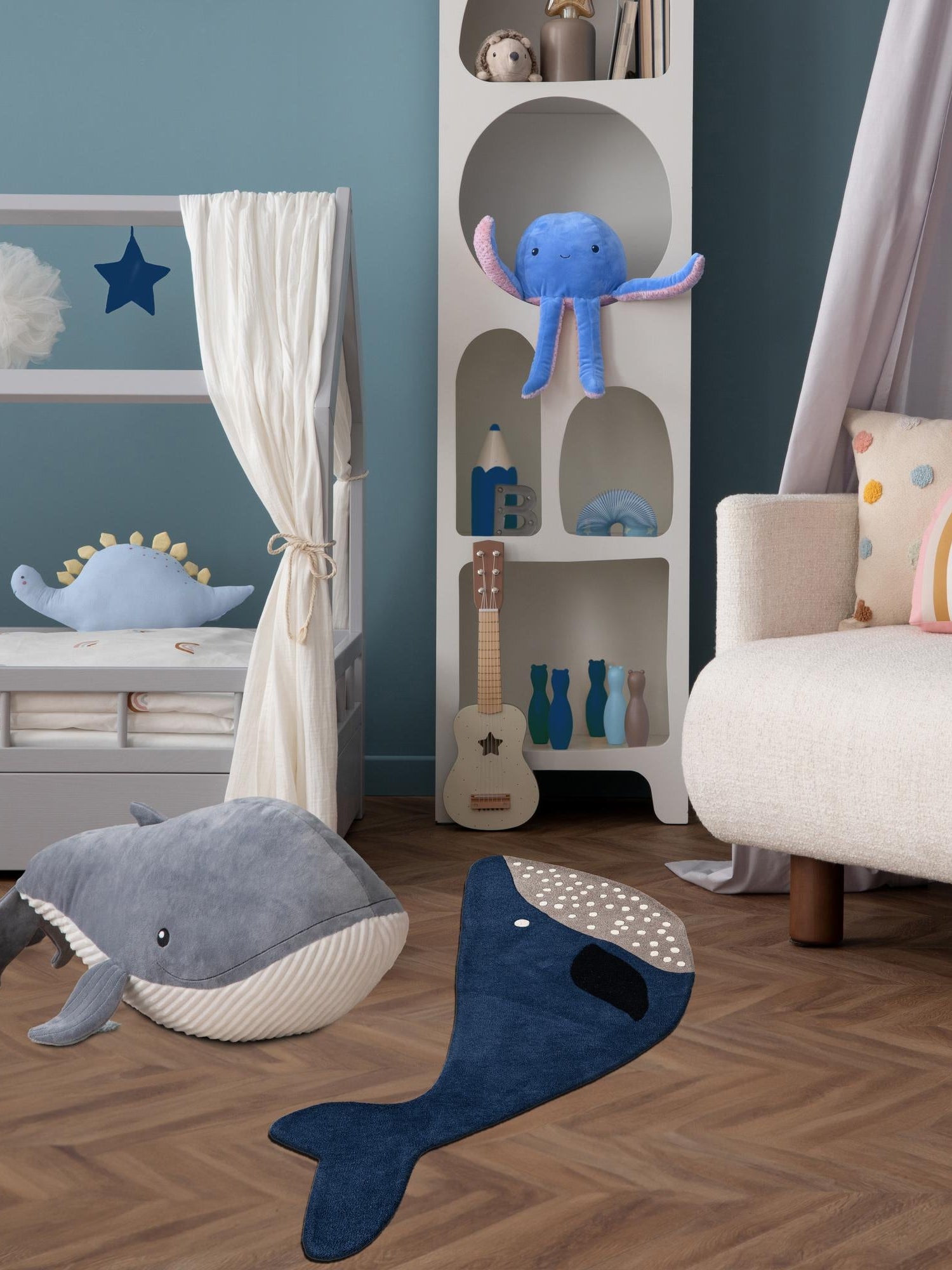 Navy Blue and Gray 4' 1 x 6' 1 Playtime Kids Wool Freeform Area Rug for Baby Nursery, Toddler Playroom,  Bedrooms Hand Tufted High Quality Dense  Wool Pile Natural Carpet for Sale at Rug Engine