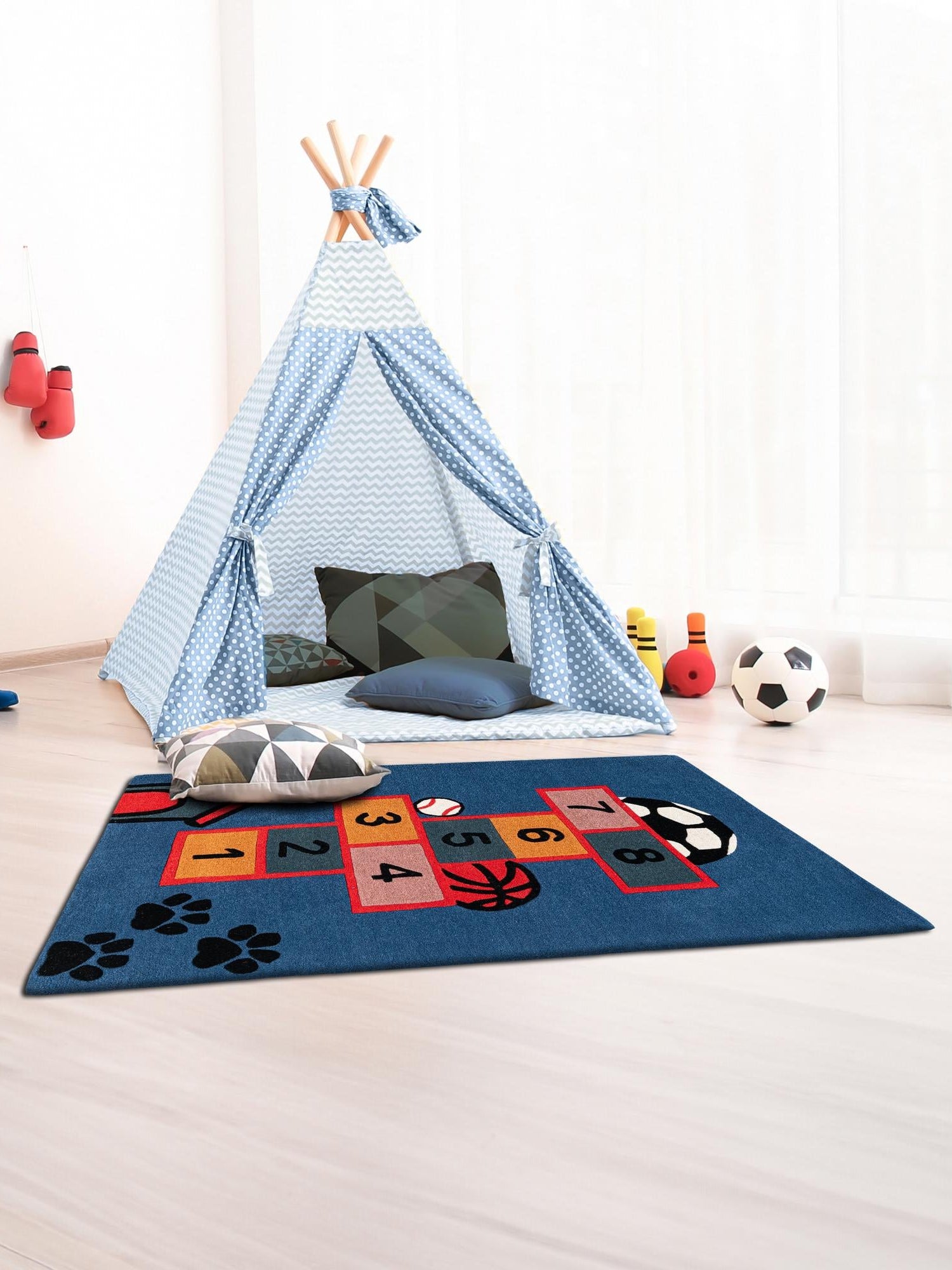 Blue and Orange 4' 1 x 6' 1 Playtime Kids Wool Freeform Area Rug for Baby Nursery, Toddler Playroom,  Bedrooms Hand Tufted High Quality Dense  Wool Pile Natural Carpet for Sale at Rug Engine