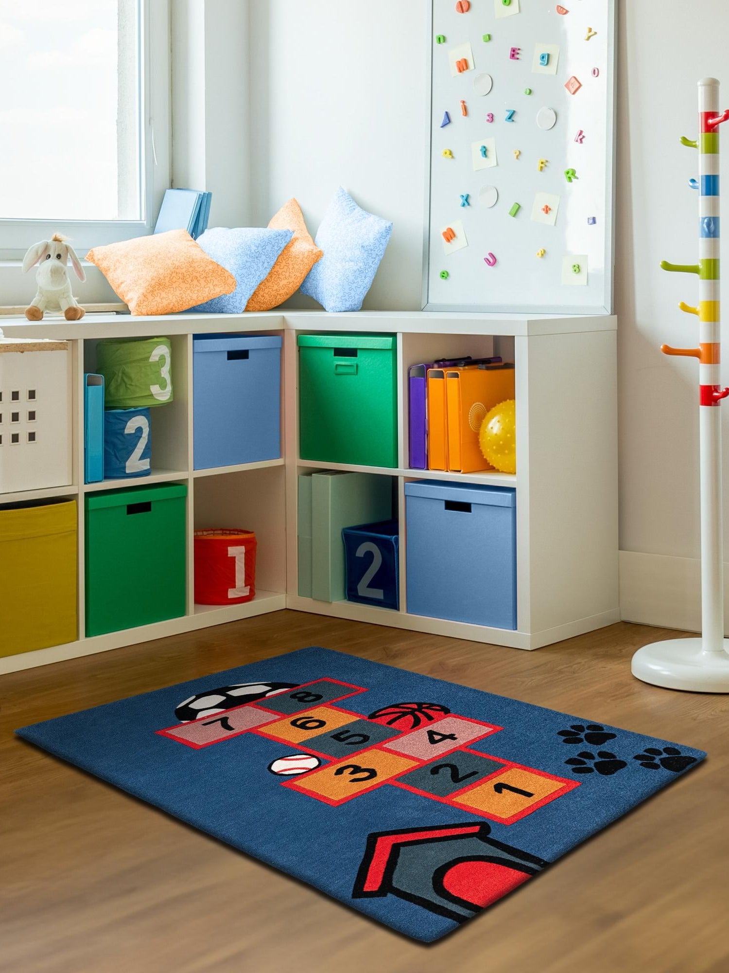 Blue and Orange 3' 1 x 5' 1 Playtime Kids Wool Freeform Area Rug for Baby Nursery, Toddler Playroom,  Bedrooms Hand Tufted High Quality Dense  Wool Pile Natural Carpet for Sale at Rug Engine