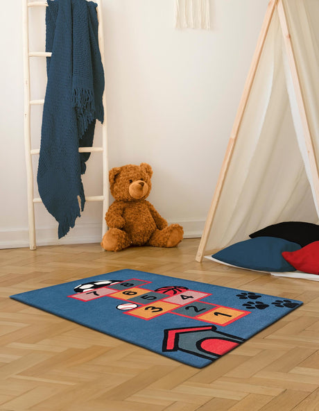 Blue and Orange 5' 1 x 8' Playtime Kids Wool Freeform Area Rug for Baby Nursery, Toddler Playroom,  Bedrooms Hand Tufted High Quality Dense  Wool Pile Natural Carpet for Sale at Rug Engine