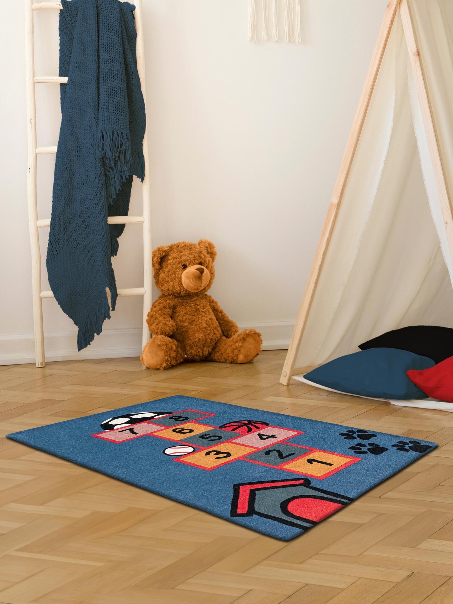 Blue and Orange 3' 1 x 5' 1 Playtime Kids Wool Freeform Area Rug for Baby Nursery, Toddler Playroom,  Bedrooms Hand Tufted High Quality Dense  Wool Pile Natural Carpet for Sale at Rug Engine