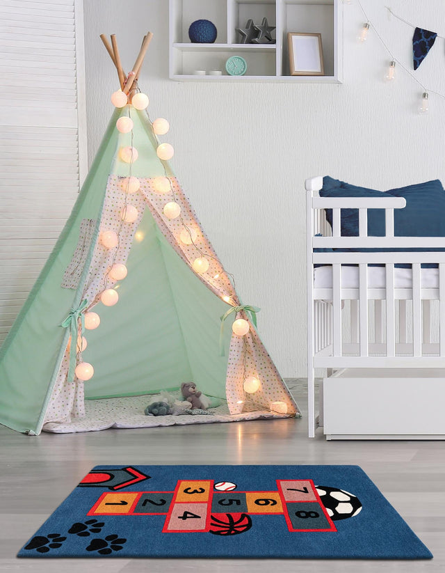 Blue and Orange 5' 1 x 8' Playtime Kids Wool Rectangle Rug