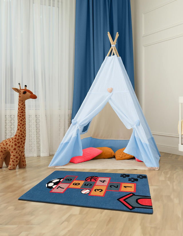 Blue and Orange 5' 1 x 8' Playtime Kids Wool Rectangle Rug