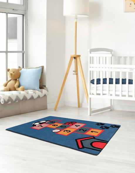 Blue and Orange 3' 1 x 5' 1 Playtime Kids Wool Freeform Area Rug for Baby Nursery, Toddler Playroom,  Bedrooms Hand Tufted High Quality Dense  Wool Pile Natural Carpet for Sale at Rug Engine