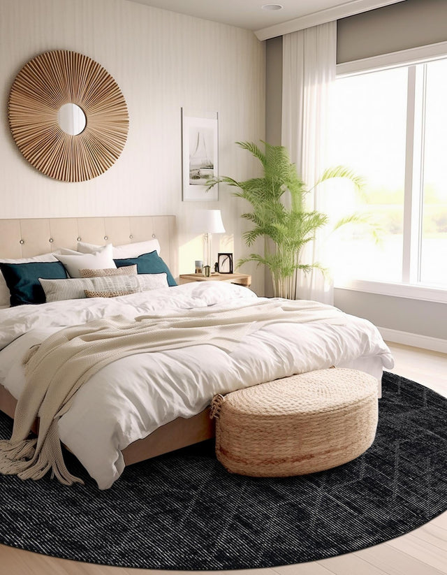 Jet Black 7' 10 x 7' 10 WoolCraft Geometric Round Area Rug Hand Tufted Premium 100% Wool With Cotton Backing Luxury Carpet for Sale at Rug Engine